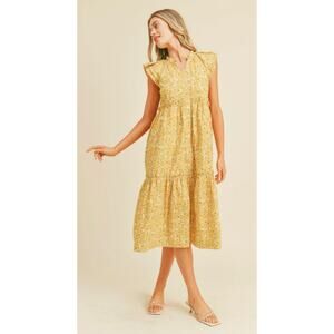&merci yellow floral tiered midi dress